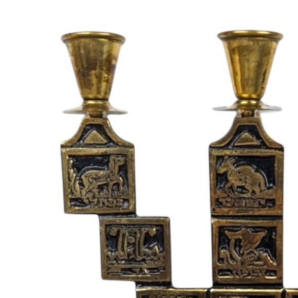 Vintage Goldtone Astrological Candelabra: Black Enamel Zodiac Candle Holder - Picture 8 of 9